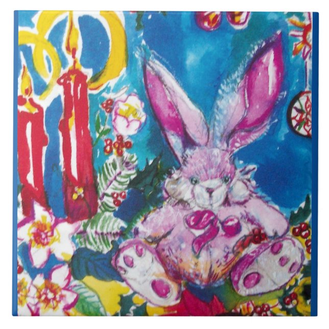 PINK RABBIT,CHRISTMAS CANDLES AND HOLLYBERRIES CERAMIC TILE (Front)