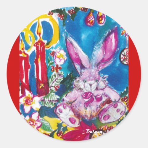 PINK RABBITCHRISTMAS CANDLES AND HOLLYBERRIES CLASSIC ROUND STICKER
