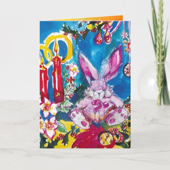 PINK RABBIT,CHRISTMAS CANDLES AND HOLLYBERRIES HOLIDAY CARD (Front)