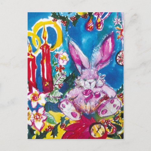 PINK RABBITCHRISTMAS CANDLES AND HOLLYBERRIES HOLIDAY POSTCARD