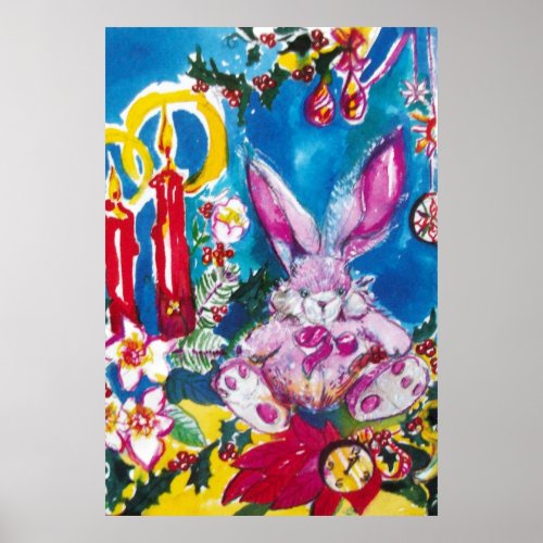 PINK RABBITCHRISTMAS CANDLES AND HOLLYBERRIES POSTER