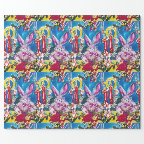 PINK RABBITCHRISTMAS CANDLES AND HOLLYBERRIES WRAPPING PAPER