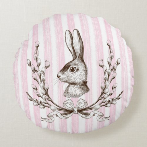 Pink Rabbit Cotton Watercolor French Country Round Pillow