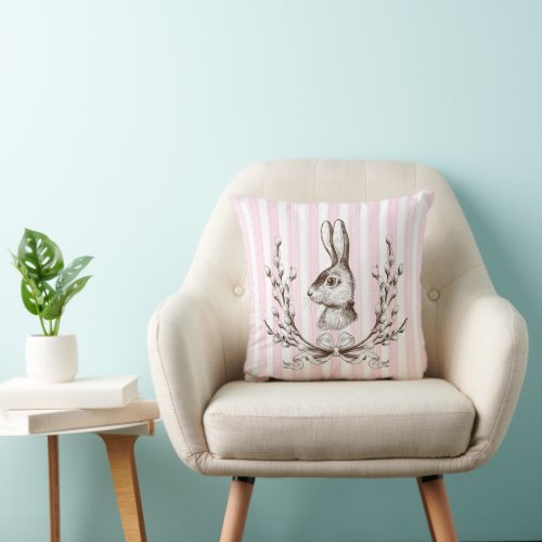 Pink Rabbit Cotton Watercolor French Country Throw Pillow