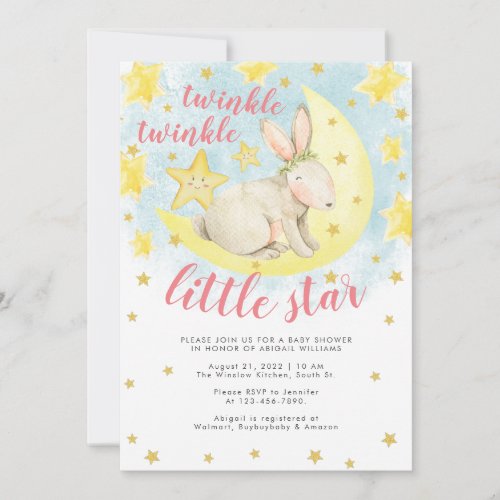Pink Rabbit Gold Twinkle Little Star Baby Shower Invitation