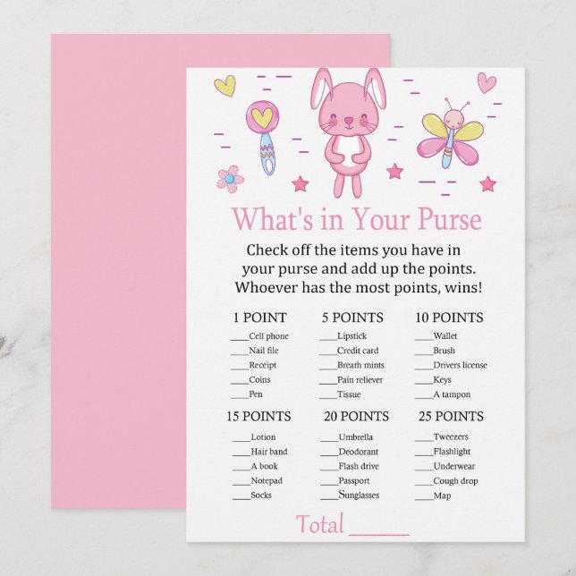 Pink Rabbit What's In Your Purse Game baby shower Invitation (Front/Back)