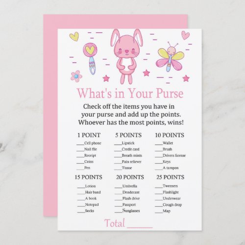 Pink Rabbit Whats In Your Purse Game baby shower Invitation