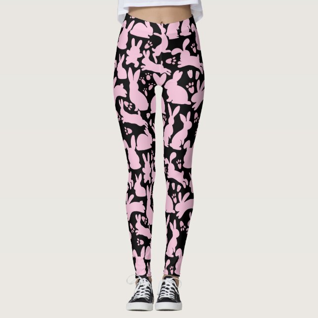 Pink Rabbits Pattern Black BG Leggings (Front)