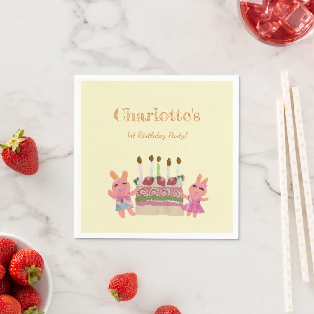 Pink Rabbits Strawberry Cake Kids Birthday Yellow Napkins (Insitu)