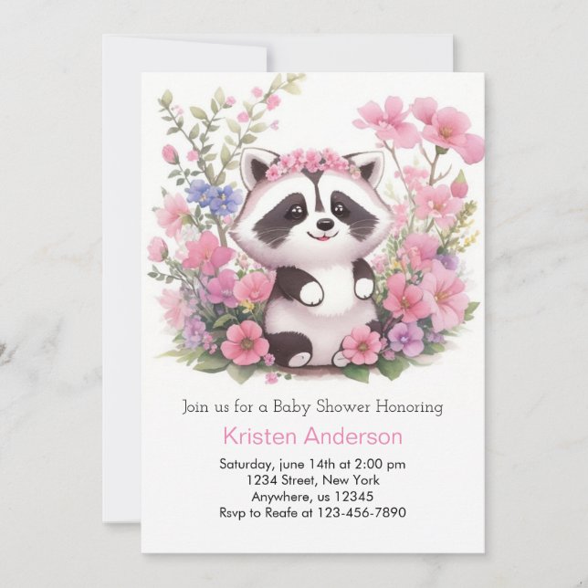 Pink Raccoon Forest Adventure Girl Baby Shower Invitation (Front)
