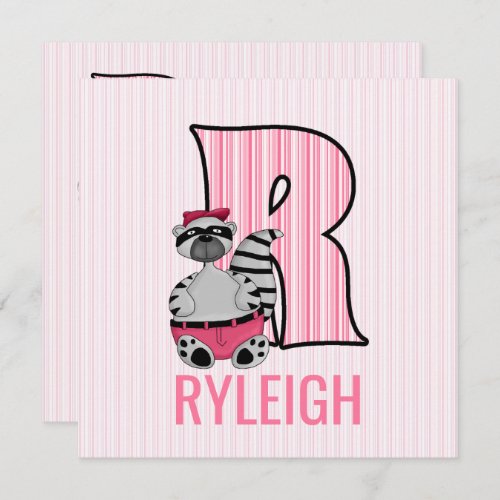 Pink Raccoon Letter R Kids Birthday Party Invitation