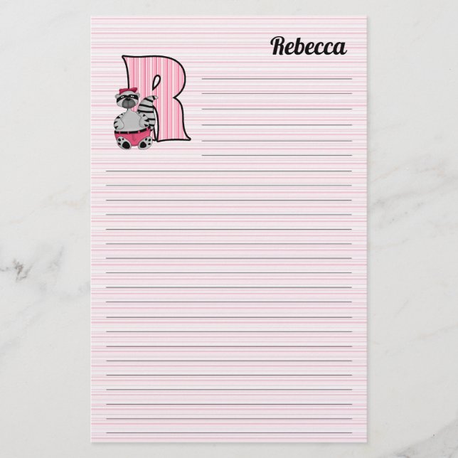 Pink Raccoon Mongram Letter R with Name Lined Stationery (Front)