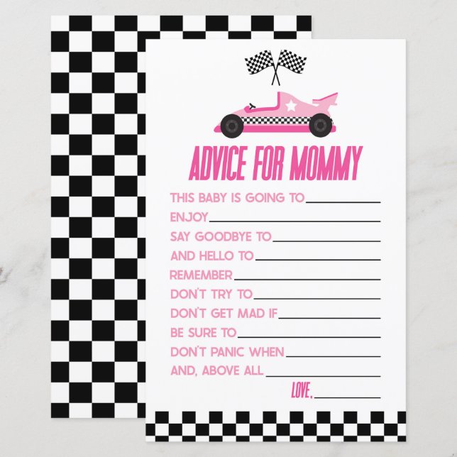 Pink Race Car Advice Baby Shower Game Activity (Front/Back)