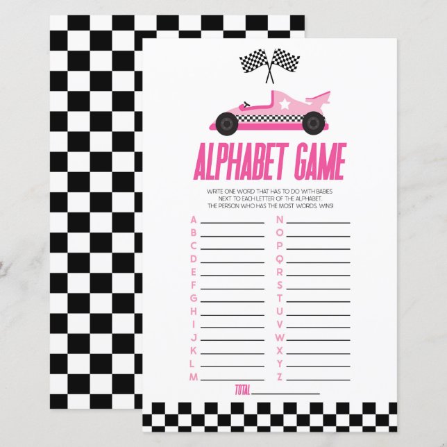 Pink Race Car Alphabet Baby Shower Game (Front/Back)