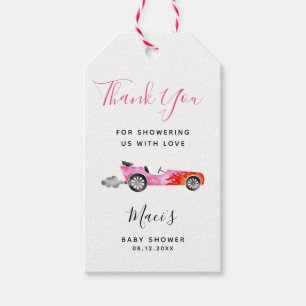 Pink Race Car Baby Shower Gift Tags