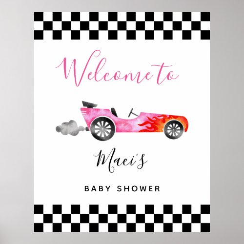 Pink Race Car Baby Shower Welcome Sign