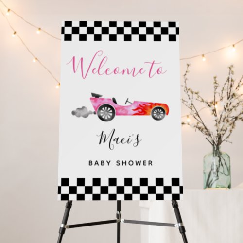 Pink Race Car Baby Shower Welcome Sign