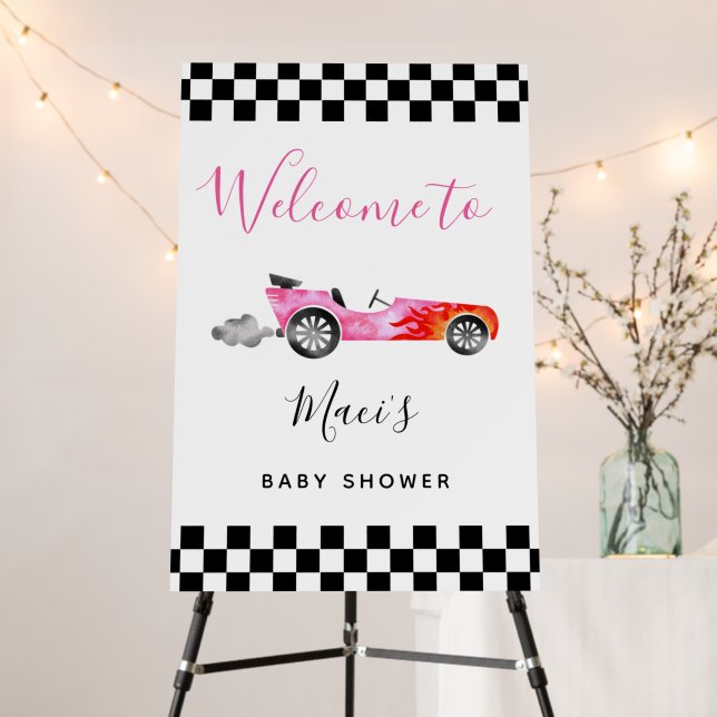 Pink Race Car Baby Shower Welcome Sign (In Situ (Stand))