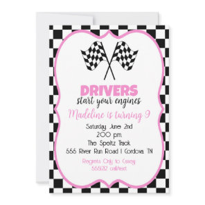 Pink Race Car Birthday Invitation