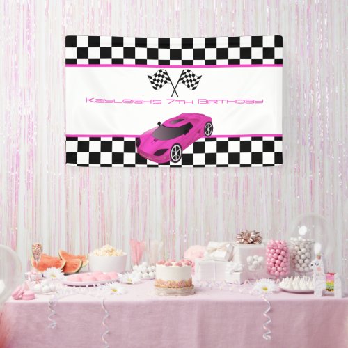 Pink Race Car Birthday Party Banner