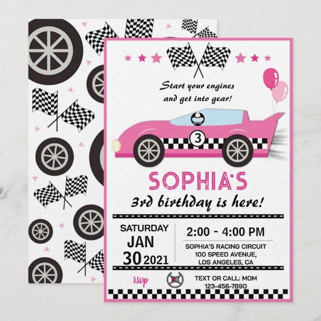 Pink Race Car Birthday Party Invitation (Front/Back)