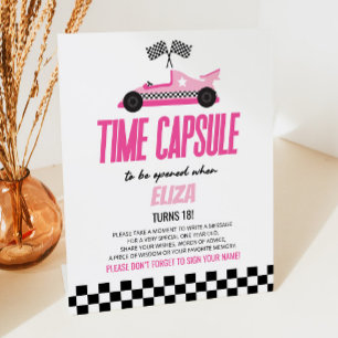 Pink Race Car Birthday Party Time Capsule Pedestal Sign