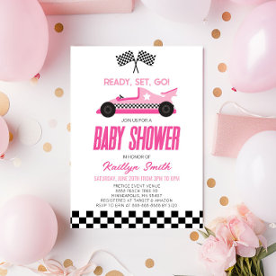 Pink Race Car Checkered Race Flag Baby Shower Invitation