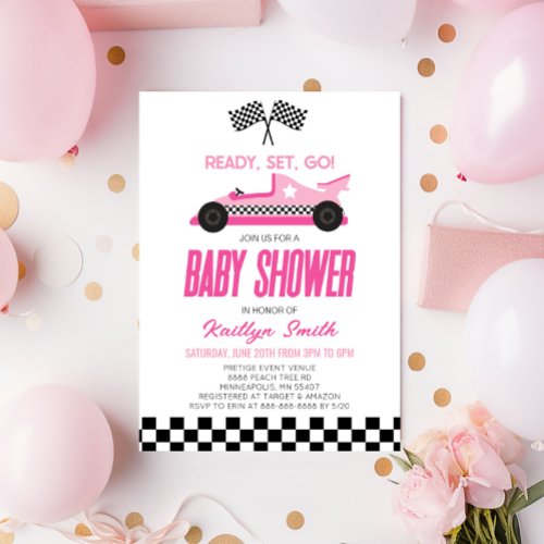 Pink Race Car Checkered Race Flag Baby Shower Invitation