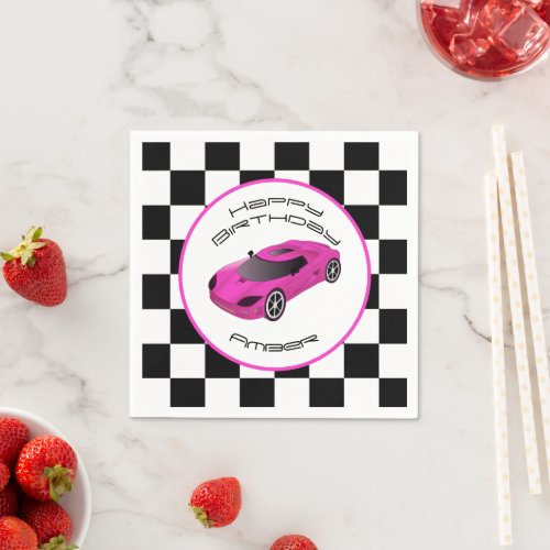 Pink Race Car  Custom Birthday Party Napkins