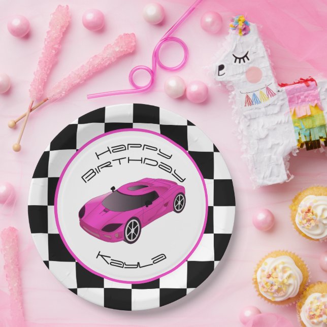 Pink Race Car | Custom Birthday Party Paper Plates (Party)