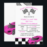 Pink Race Car | Custom Kids Birthday Invitation<br><div class="desc">Does your child LOVE cars? Start the party off right with these fun invitations featuring a black and white checkered flag pattern, pink race car and tire tracks across the back of the invitation. Easily add your custom information, then simply stamp and send! There are also matching accessories available to...</div>