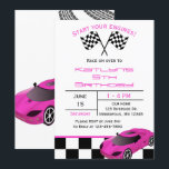 Pink Race Car | Custom Kids Birthday Invitation<br><div class="desc">Does your child LOVE cars? Start the party off right with these fun invitations featuring a black and white checkered flag pattern, pink race car and tire tracks across the back of the invitation. Easily add your custom information, then simply stamp and send! There are also matching accessories available to...</div>