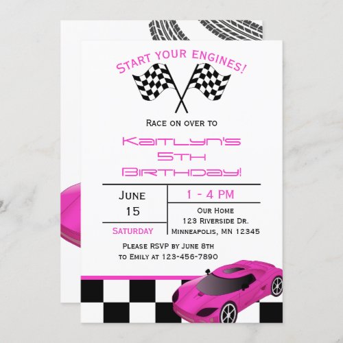 Pink Race Car  Custom Kids Birthday Invitation