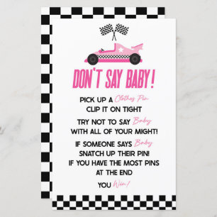 Pink Race Car Don't Say Baby Shower Game