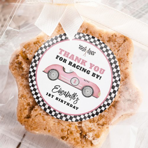 Pink Race Car Fast One Girl Birthday Party Classic Round Sticker