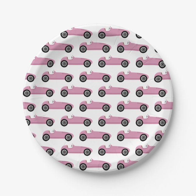 Pink Race Car Girl Racing Birthday Party Paper Plates (Front)