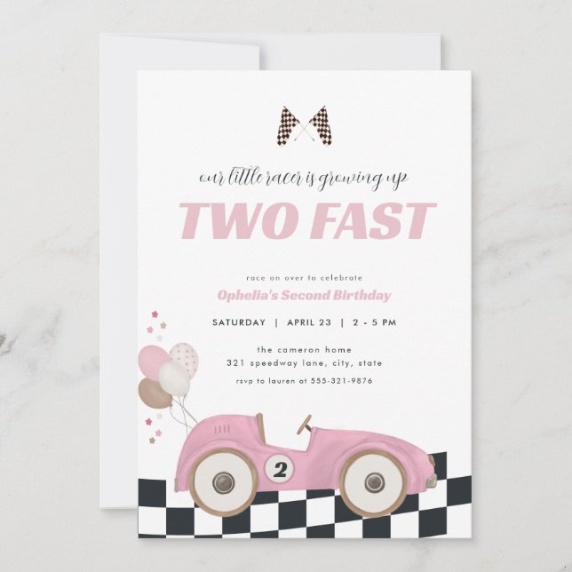 Pink Race Car Girl Two Fast Second Birthday Invite (Front)