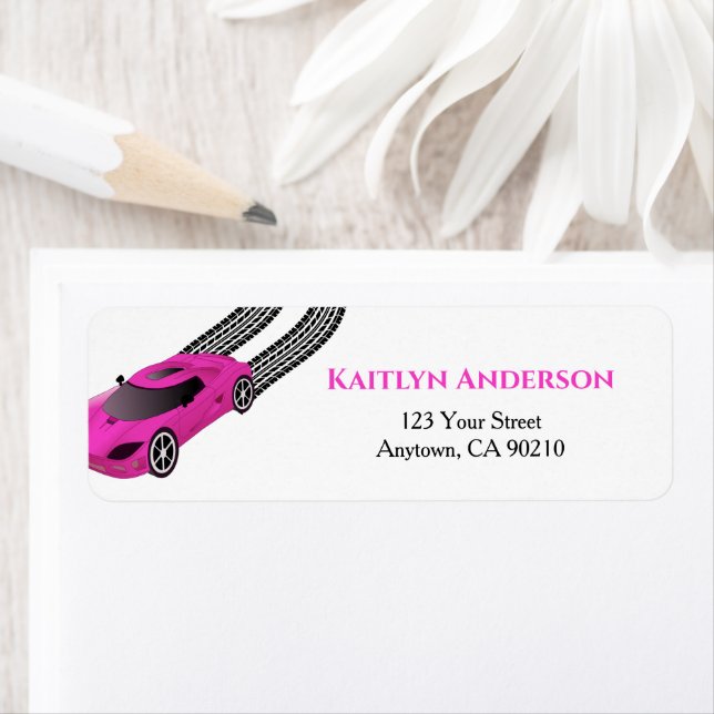 Pink Race Car | Kids Custom Return Address Label (Insitu)