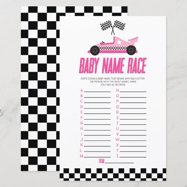 Pink Race Car Name Race Baby Shower Game (Front/Back)