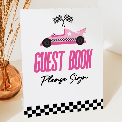 Pink Race Car Racecar Guest Book Party Pedestal Sign