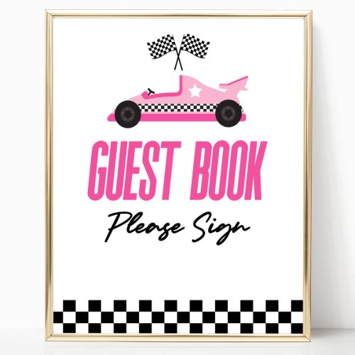 Pink Race Car Racecar Guest Book Party Sign