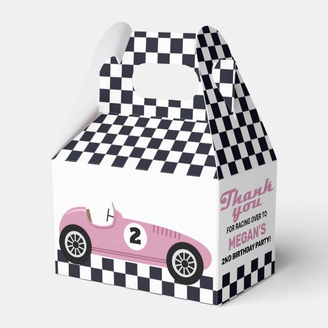 Pink Race Car Racing Birthday Party Checkered Favor Boxes (Front Side)