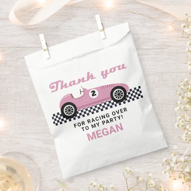 Pink Race Car Racing Birthday Party Favor Bag (Clipped)