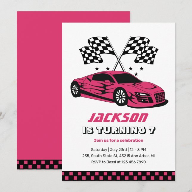 Pink Race Car Racing Kids Boys Birthday Invitation (Front/Back)