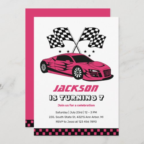 Pink Race Car Racing Kids Boys Birthday Invitation
