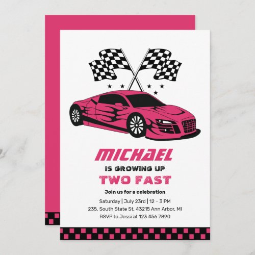 Pink Race Car Two Fast Boys 2nd Birthday Invitation