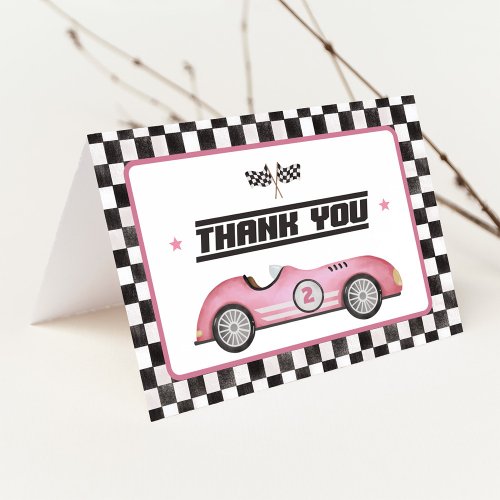 Pink Race Car Two Fast Girl Birthday Party Thank You Card