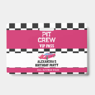 Pink Race Car Vip Pass Pit Crew Birthday Party Badge