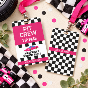 Pink Race Car Vip Pass Pit Crew Birthday Party Badge