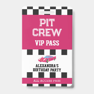 Pink Race Car Vip Pass Pit Crew Birthday Party Badge